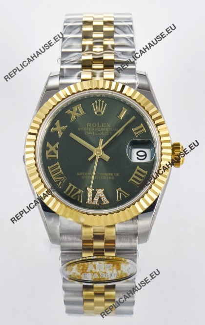 Rolex Super Clone Datejust ETA 2688 Movement 31MM Two Tone Yellow Gold Swiss Green Dial 