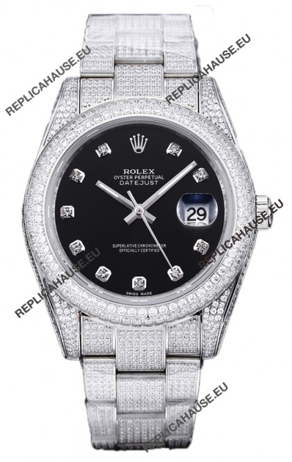 Rolex Datejust 41MM Swiss Replica - Iced Out Edition in Black Dial 