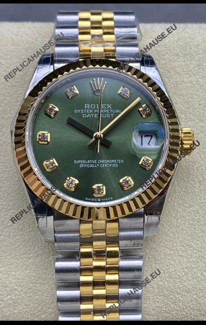 Rolex Datejust 31MM Swiss Watch in 904L Steel Two Tone Yellow Green Dial 1:1 Mirror Replica