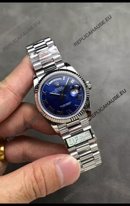 Rolex Day Date Super Clone Stainless Steel Blue Dial Small Roman Numerals Watch 36MM - 1:1 Mirror Quality