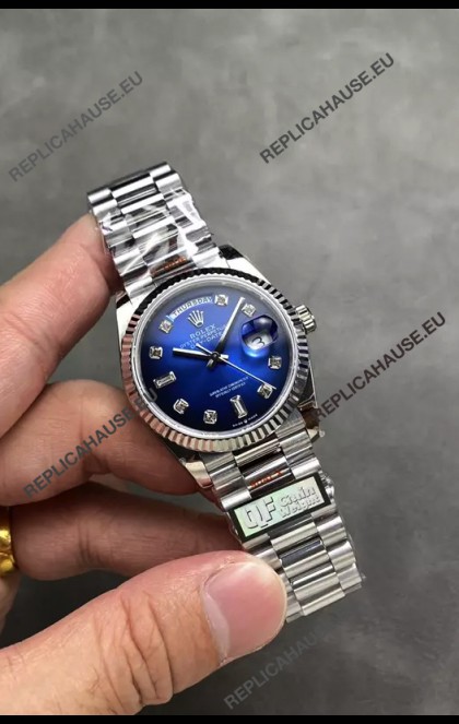 Rolex Day Date Super Clone Stainless Steel Blue Dial Diamonds Numerals Watch 36MM - 1:1 Mirror Quality