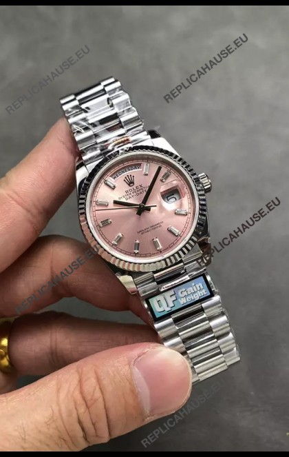 Rolex Day Date Super Clone Stainless Steel Pink Dial Crystal Numerals Watch 36MM - 1:1 Mirror Quality