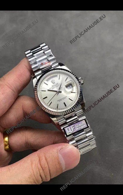 Rolex Day Date Super Clone Stainless Steel Silver Dial Steel Numerals Watch 36MM - 1:1 Mirror Quality