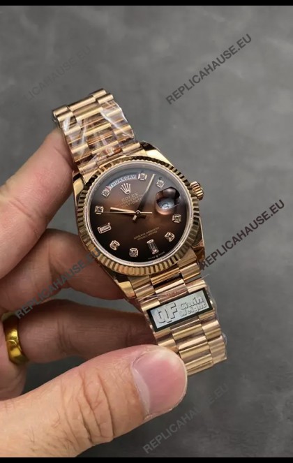 Rolex Day Date Super Clone Rose Gold Brown Dial Diamonds Numerals Watch 36MM - 1:1 Mirror Quality