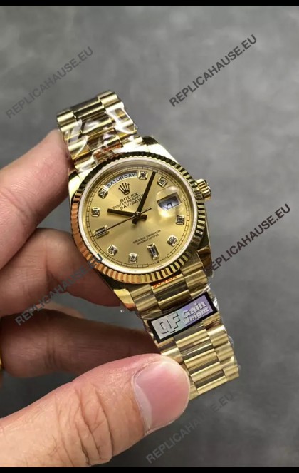 Rolex Day Date Super Clone Yellow Gold Casing and Dial Diamonds Numerals Watch 36MM - 1:1 Mirror Quality