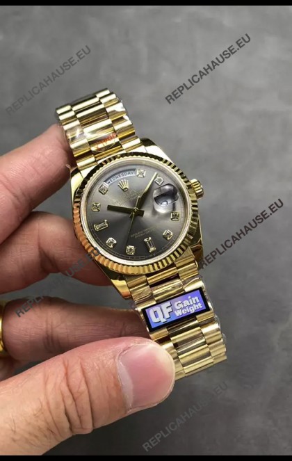Rolex Day Date Super Clone Yellow Gold Grey Dial Diamonds Numerals Watch 36MM - 1:1 Mirror Quality