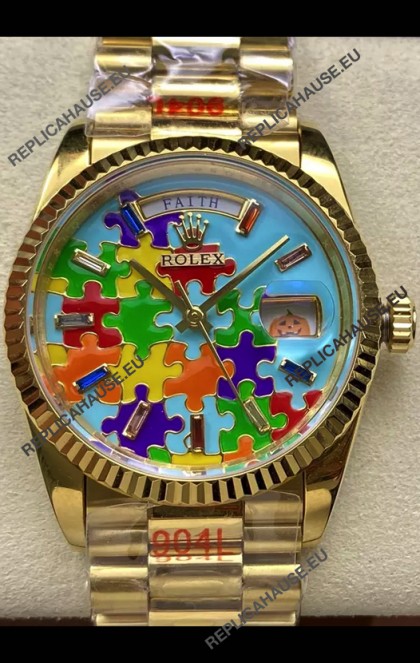 Rolex Day Date Emoji Jig-Saw Puzzle Yellow Gold Casing Swiss Replica Watch 