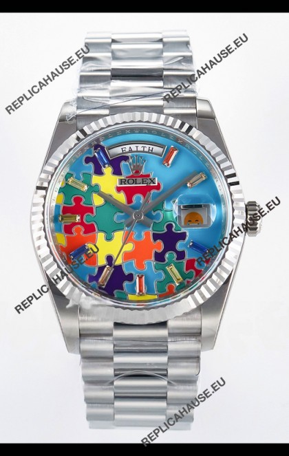 Rolex Day Date Emoji Jig-Saw Puzzle Stainless Steel Casing Swiss Replica Watch 