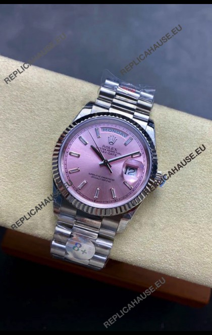 Rolex Day Date Super Clone Stainless Steel Pink Sunburst Dial Crystal Numerals Watch 36MM - 1:1 Mirror Quality
