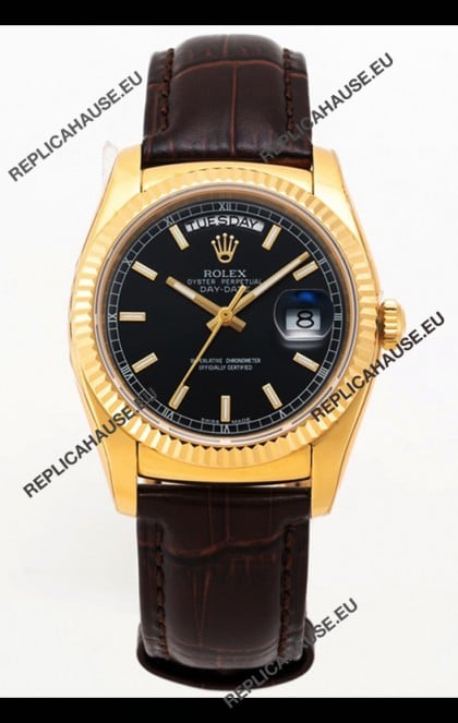Rolex Day Date Yellow Gold 904L Steel Casing Watch in Black Dial 36MM - 1:1 Mirror Quality