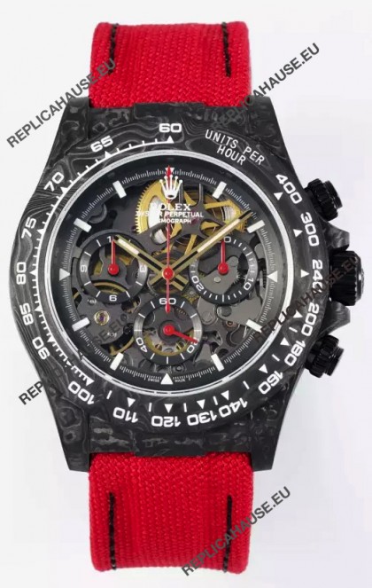 Rolex Daytona Super Clone DiW Skeleton Carbon Edition Watch - Forged Carbon Casing Red Strap 1:1 Mirror Replica