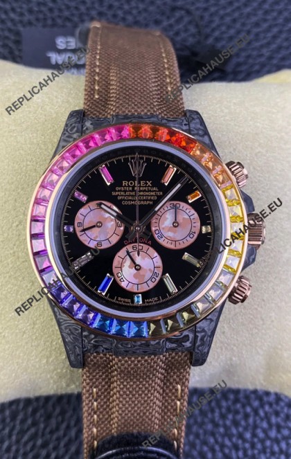 Rolex Daytona DiW Carbon Edition Rainbow Bezel - Forged Carbon Casing Khaki Strap 1:1 Mirror Replica