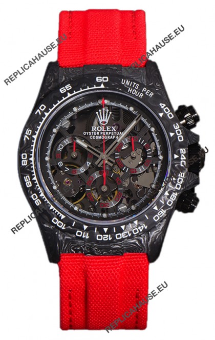 Rolex Daytona DiW Skeleton Carbon Edition Watch - Forged Carbon Casing Red Strap 1:1 Mirror Replica
