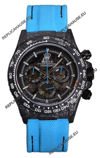 Rolex Daytona DiW Skeleton Carbon Edition Watch - Forged Carbon Casing Blue Strap 1:1 Mirror Replica