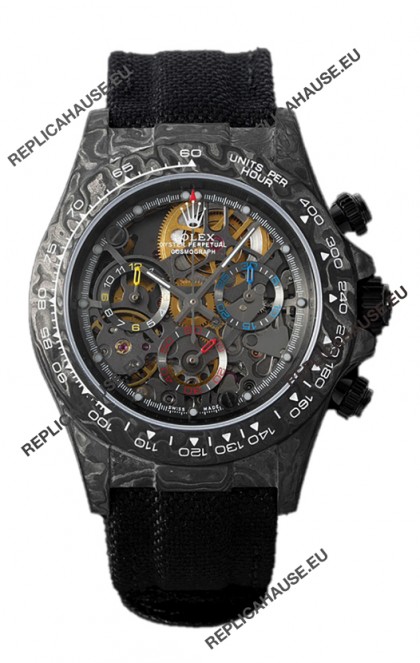 Rolex Daytona DiW Skeleton Carbon Edition Watch - Forged Carbon Casing Black Strap 1:1 Mirror Replica