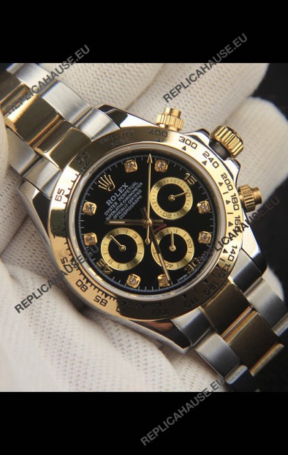 Rolex Daytona Japanese Movement Two Tone Gold Casing Watch in Black Dial 