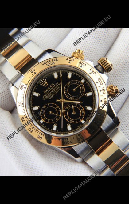 Rolex Daytona Japanese Movement Two Tone Gold Casing Watch in Black Dial 