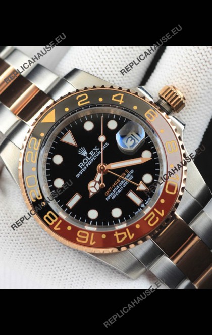 Rolex GMT Masters II 2 Tone Rose Gold Plating Japanese Replica Watch Black Dial