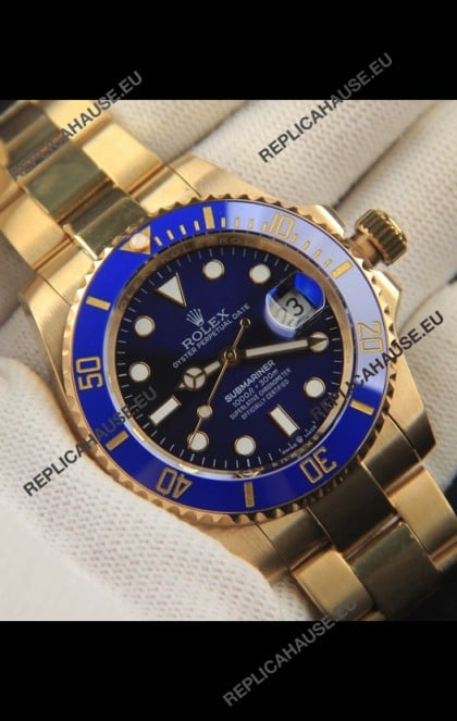 Rolex Submariner Japanese Replica Watch 904L Steel Yellow Gold - Ceramic Bezel in Blue