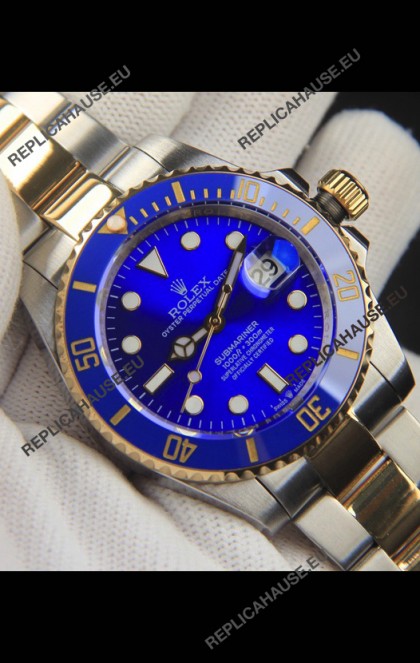 Rolex Submariner Japanese Replica Watch 904L 2 Tone Yellow Gold - Ceramic Bezel in Blue