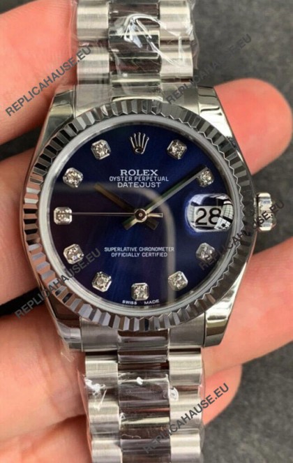 Rolex Datejust 31MM ETA-2671 Movement Swiss Replica in 904L Steel in Blue Dial 