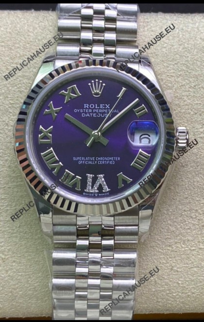 Rolex Datejust 31MM ETA-2671 Movement Swiss Replica in 904L Steel Purple Dial 
