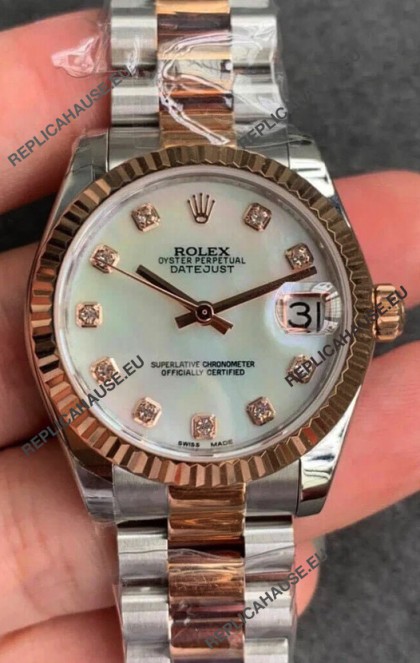 Rolex Datejust 31MM ETA-2671 Movement Swiss Replica in 904L Steel in Pearl Dial Oyster Strap