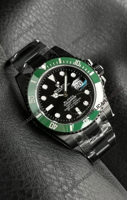 Rolex Submariner Blaken DLC Coated Swiss Replica Watch in Green Bezel