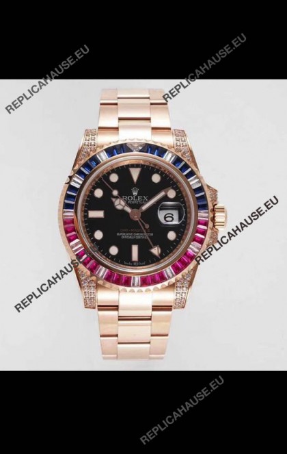 Rolex GMT Masters II Diamonds Swiss watch with Rose Gold 904L Case - 1:1 Mirror Quality 