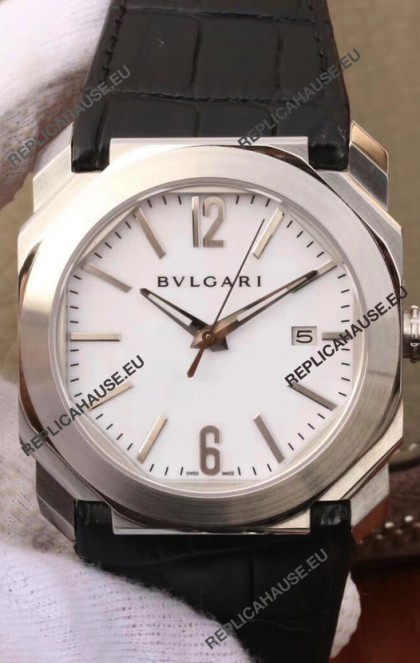 Bvlgari Octo Roma Edition 1:1 Mirror Replica in 904L Steel Casing - White Dial Leather Strap