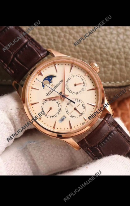 Jaeger LeCoultre Master Ultra-Thin Perpetual Calendar Pale Yellow Dial Swiss Replica Watch 