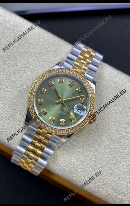 Rolex Datejust 31MM Swiss Replica in 904L Steel Two Tone Yellow Green Dial 1:1 Mirror Replica