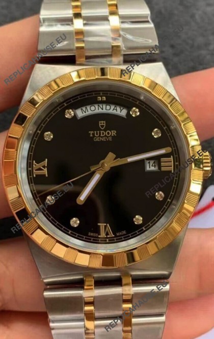 Tudor Royal Edition Watch - 1:1 Mirror Replica in Two Tone Casing - Black Diamonds Dial