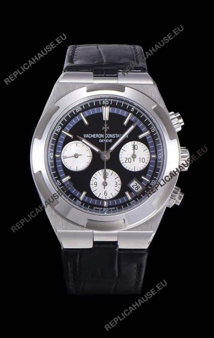 Vacheron Constantin Overseas Chronograph Black Dial Swiss Replica Watch - Leather Strap