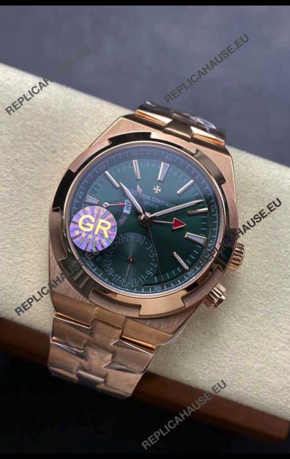 Vacheron Constantin Overseas Dual Time Rose Gold 1:1 Mirror Swiss Replica Watch in Green Dial
