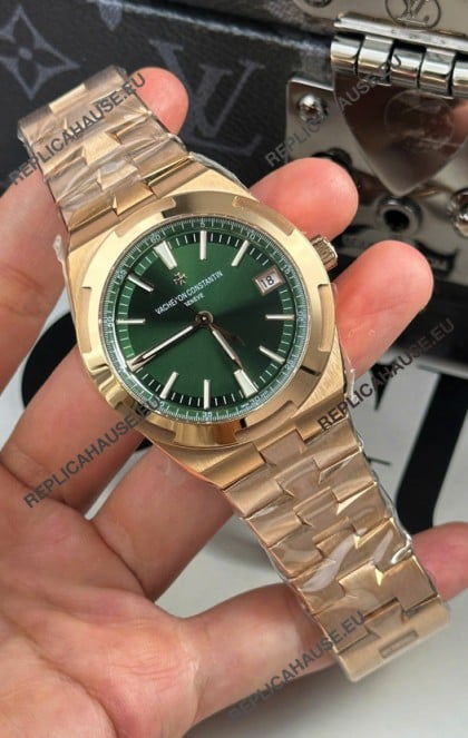 Vacheron Constantin Super Clone Overseas 1:1 Mirror Swiss Replica Watch in Rose Green Steel Dial