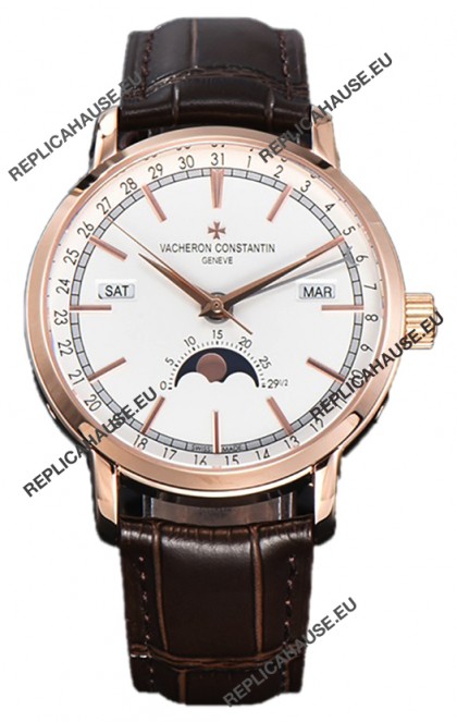 Vacheron Constantin Traditionelle Complete Calendar Rose Gold Plating White Dial Swiss Replica