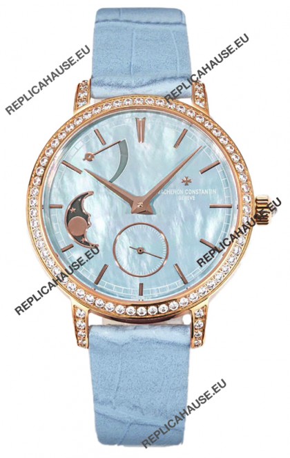 Vacheron Constantin Traditionelle Moon Phase Blue Mother of Pearl Dial in Rose Gold Swiss Replica