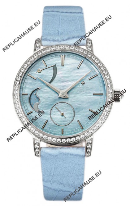 Vacheron Constantin Traditionelle Moon Phase Blue Mother of Pearl Dial in Steel Case Swiss Replica