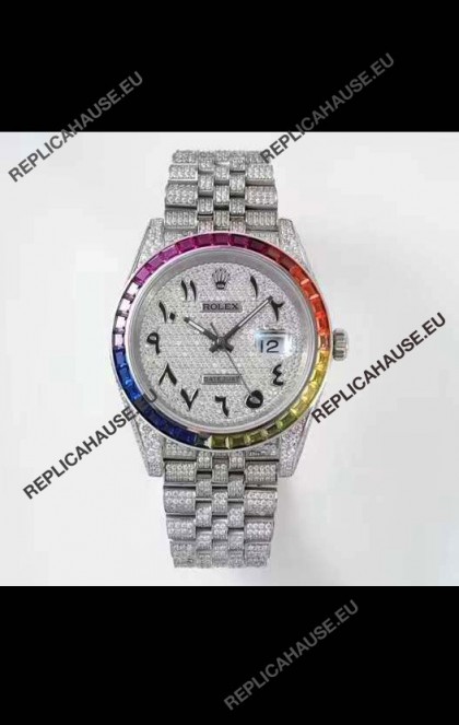 Rolex Datejust Full ICED Out Arabic Numerals Watch in 41MM Casing - 3135 Movement Stainless Steel