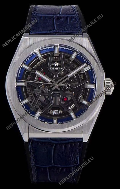 Zenith Defy Classic Skeleton 41 mm Titanium Men's Swiss Replica Watch - Blue Leather Strap