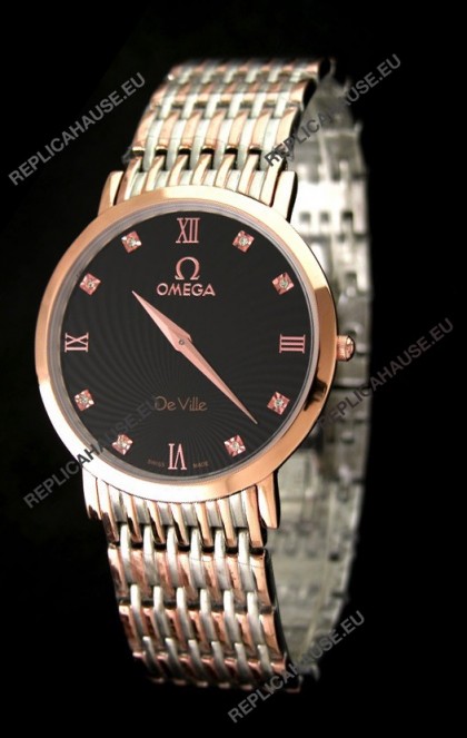 Omega DeVelie Japanese Replica Rose Gold Watch in Black Dial