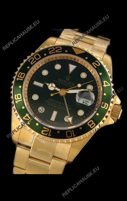 Rolex GMT Master II Swiss Replica Gold Watch in Green Bezel