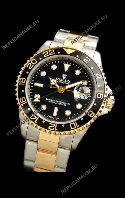 Rolex GMT Master II Swiss Replica Two Tone Gold Watch in Black Dial
