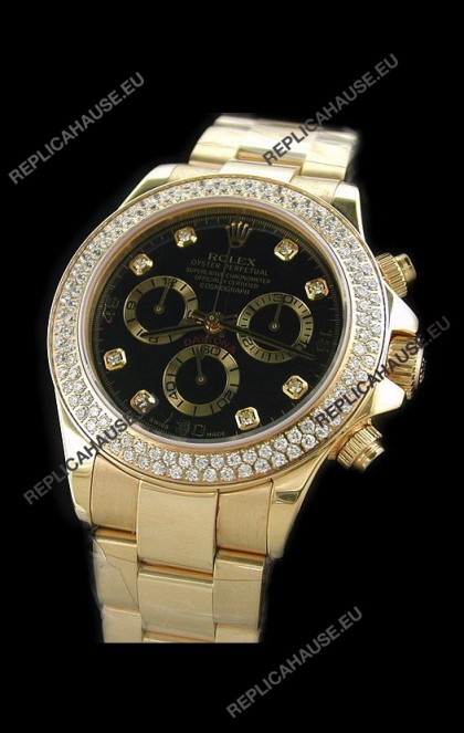 Rolex Daytona Swiss Replica Gold Watch in Full Diamond Bezel