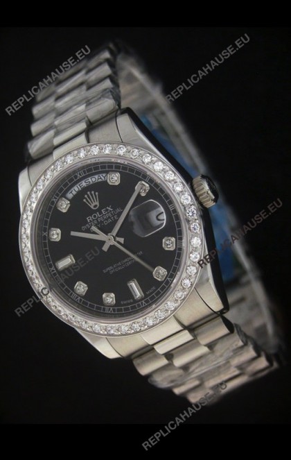 Rolex Day Date Just JapaneseÂ Replica Black Watch in Full Diamond Bezel