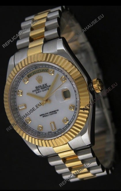 Rolex Day Date Just JapaneseÂ Replica Two Tone Gold Watch in Mop White Dial