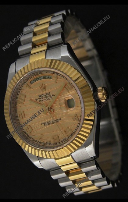 Rolex Day Date Just JapaneseÂ Replica Two Tone Gold Watch in Golden Stripe Pattern Dial 