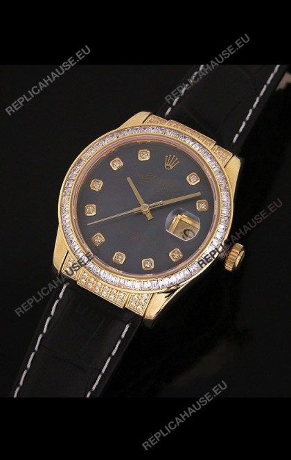 Rolex DateJust Japanese Mens Replica Yellow Gold Watch in Black Mother of Pearl Dial