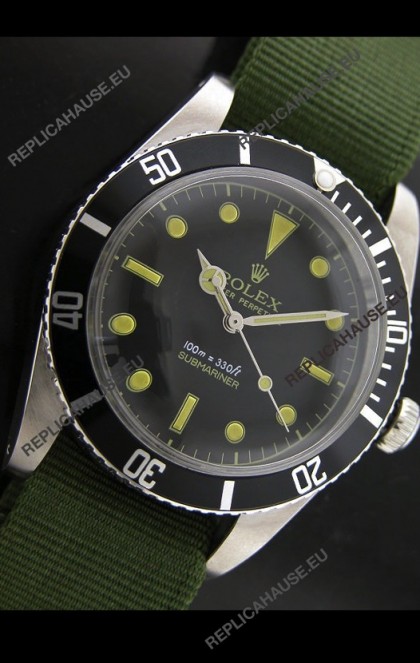 RolexÂ Submariner Swiss Replica Watch in Domed Crystal Green Nylon Strap